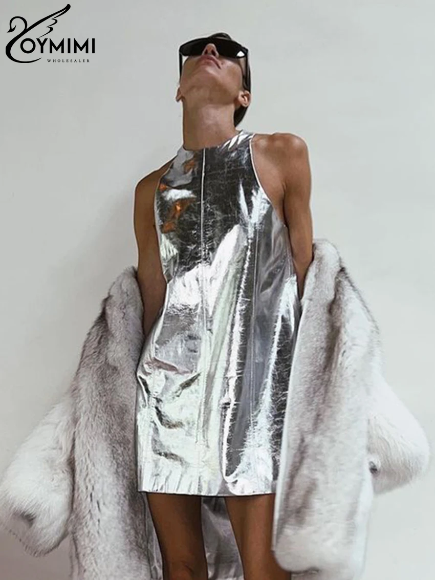 Oymimi Sexy Slim Sliver Pu skórzana sukienka damskie Bodycon z okrągłym dekoltem bez rękawów eleganckie sukienki dla kobiet 2023