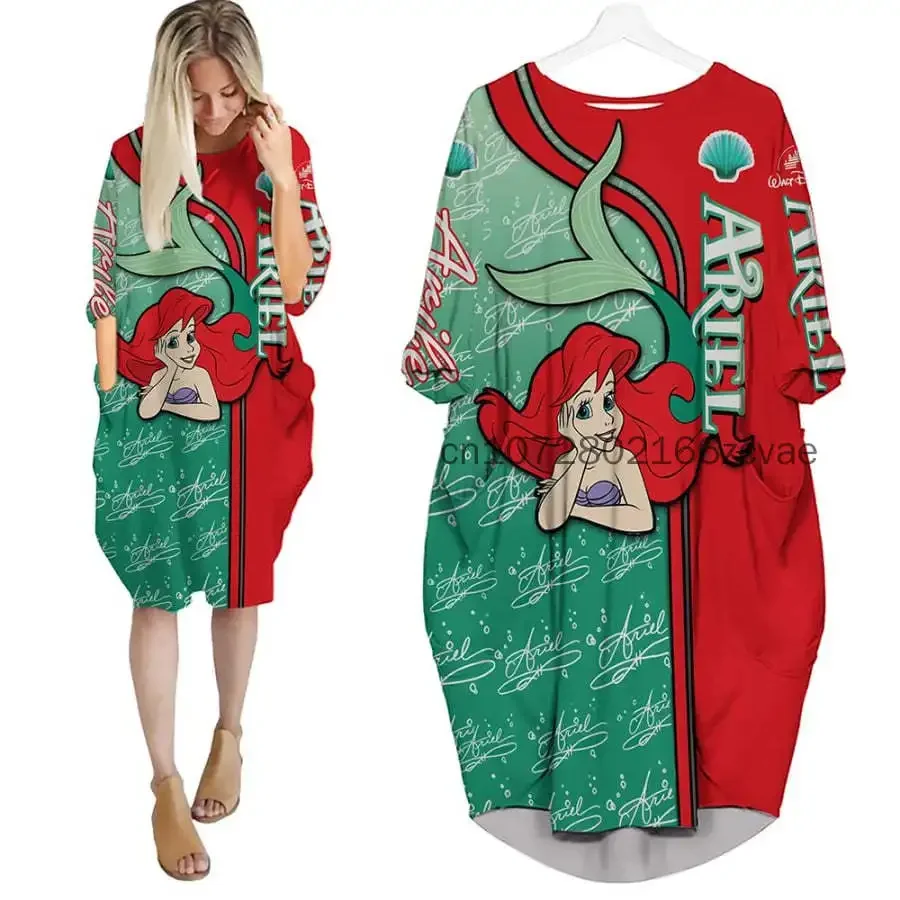 Disney Prinses Ariel Vrouwen Batwing Zak Jurk Zomer 3d Print Oversized Mode Street Jurk Lange Mouwen Nachthemd