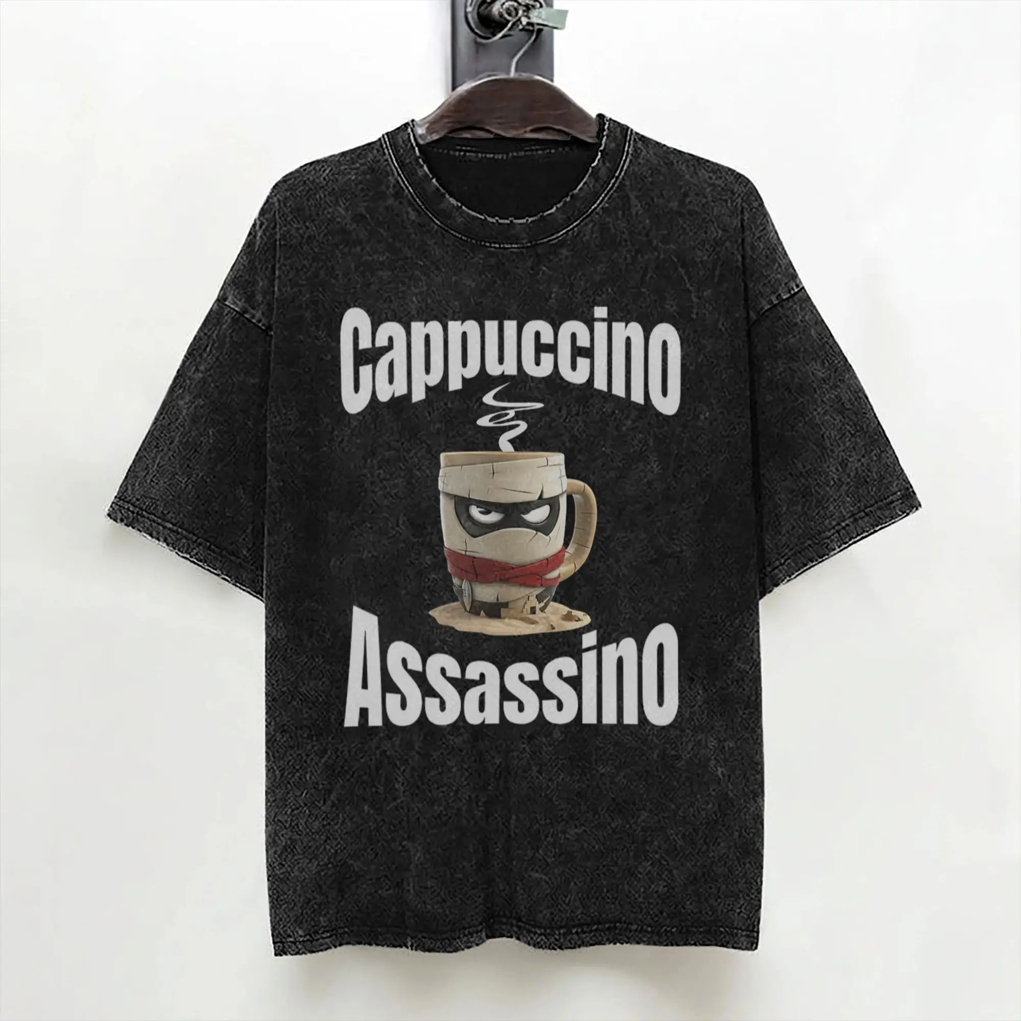 Washed T Shirt Cappuccino Assassino Cafe  Hip Hop Vintage T-Shirt Oversize Italian Brainrot Streetwear Summer Tee Shirt Men