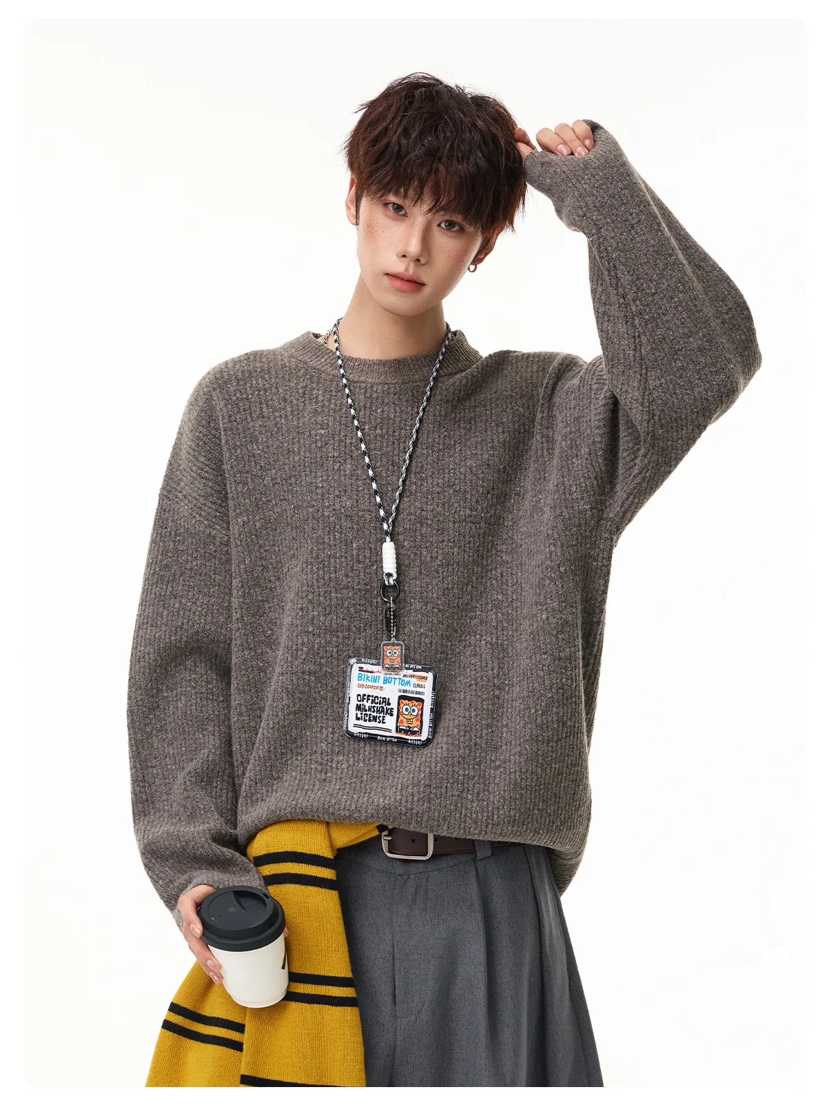 Simple Soft Warm Solid-Color Crew-Neck Sweater Men Loose-Fit Casual Versatile Retro-Style Knit Sweater Autumn Winter Outerwear