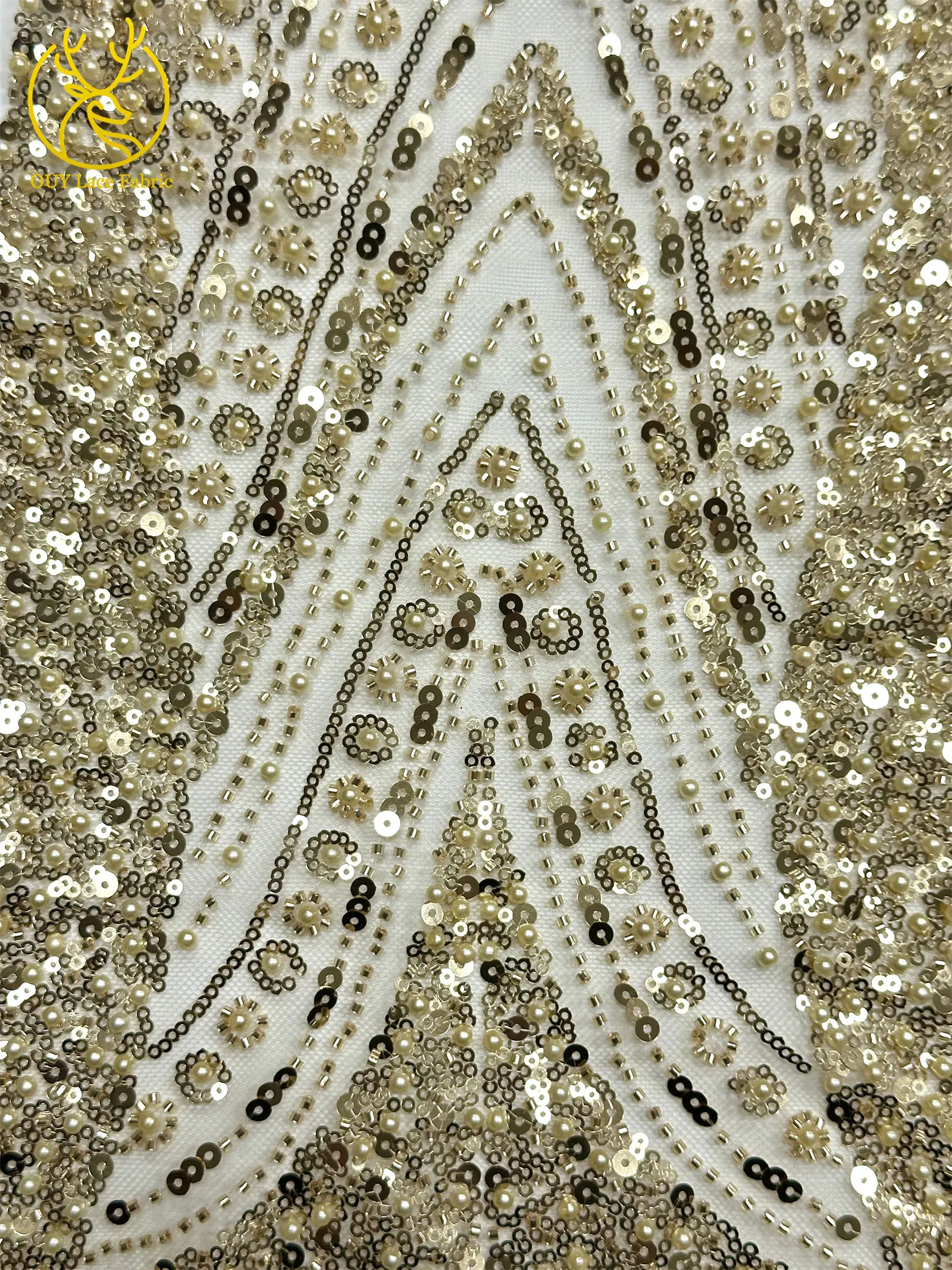 Luxuriöser Goldener Afrikanischer Bräutigam-Spitzenstoff mit Stickerei und Perlen, 5 Meter Französischer Tüll-Spitzenstoff für Nigerianische Hochzeitskleider – Detail 11