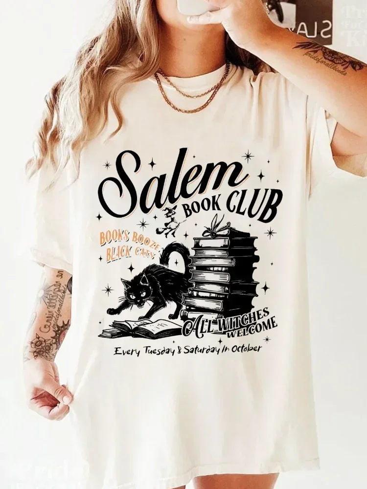 Black Cat Salem Book Club All Witches Welcome T-Shirt Fashion Pattern Top Short Sleeve Summer Shirt Printed Retro Women\'s T-Shir