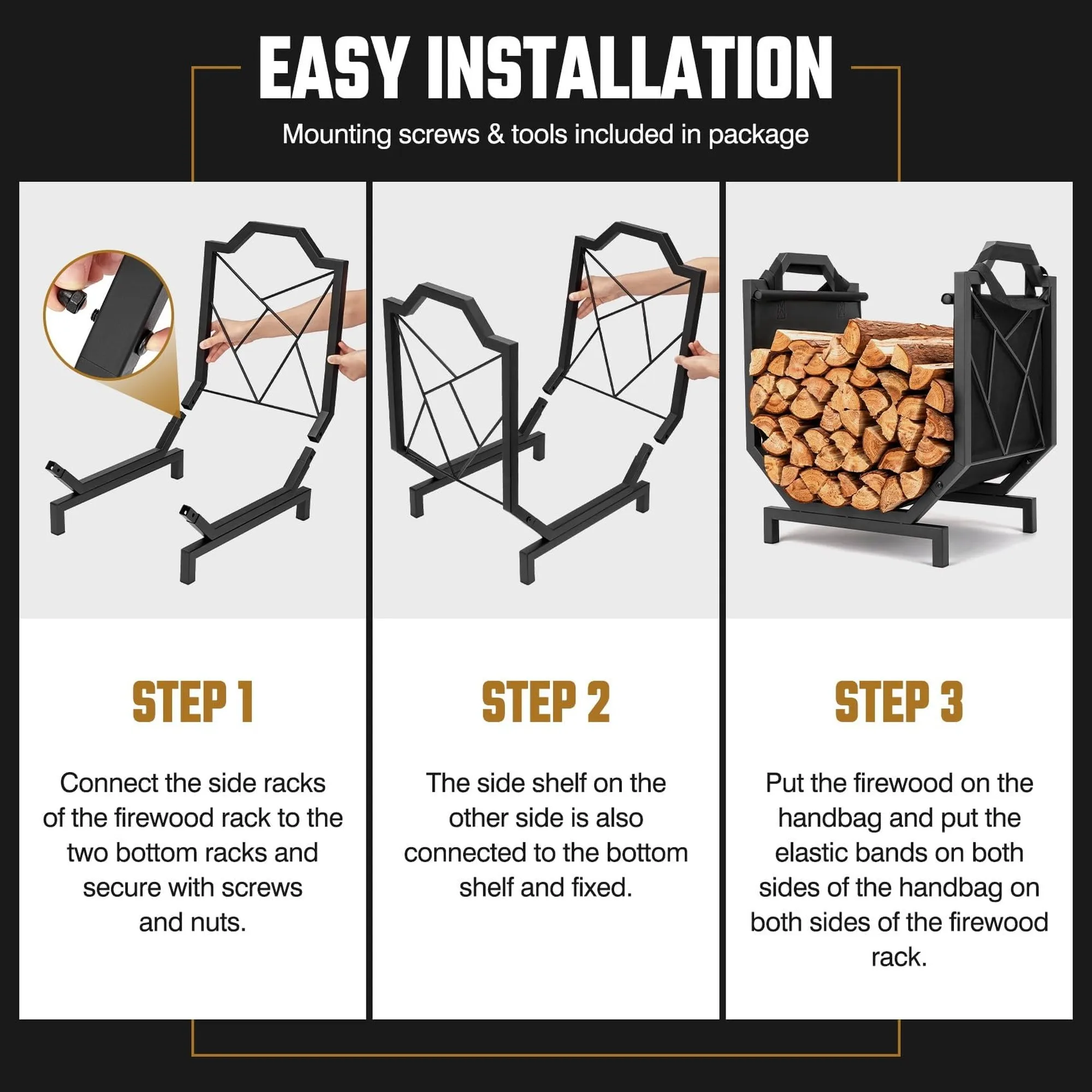 Indoor Outdoor Firewood Rack | Sturdy Waterproof Firewood Holder with Canvas Log Carrier, Fireplace Wood Storage Decor