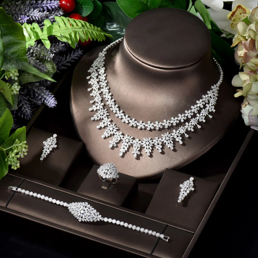 

HIBRIDE Two Layers Flower Design Jewelry Sets for Dubai Negeria Women Wedding 4pcs Necklace Earring Sets Party Accessories N-986