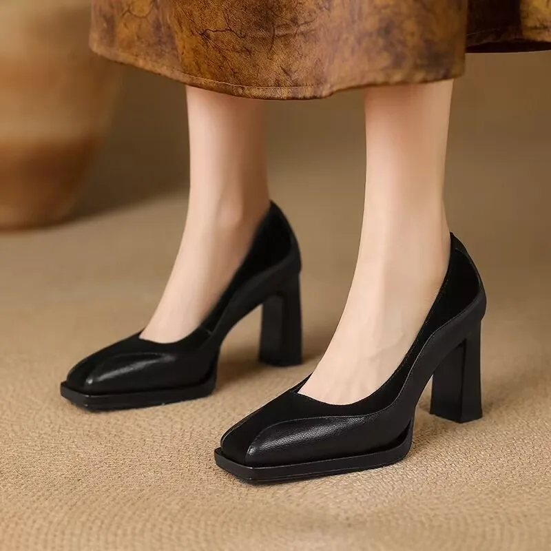 

2025 New Block Heel Single Shoes Autumn New Square Toe Shallow Mouth Slip Foot Anti-slip Wear-resistant High Heels