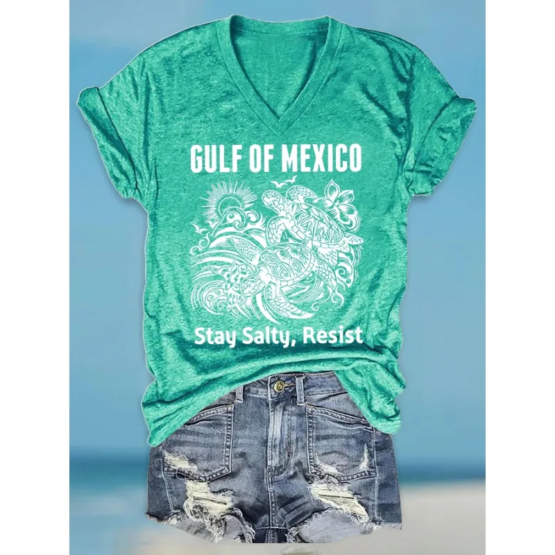 Ladies Gulf of Mexico Print T-Shirts Summer Holiday Casual Loose Short Sleeve V Neck Tops Hot Tees