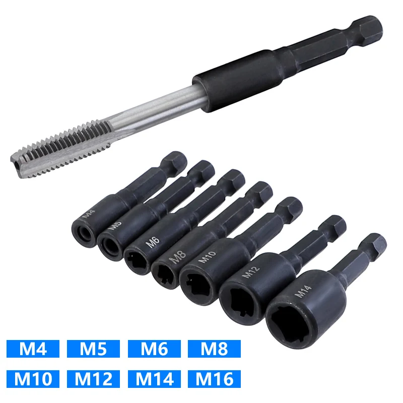 6szt Adapter nasadki do gwintownika 1/4 '' Śruba maszynowa z chwytem sześciokątnym Narzędzie do gwintowania wtyczki metrycznej do wiertarki elektrycznej M4 M5 M6 M8 M10 M12