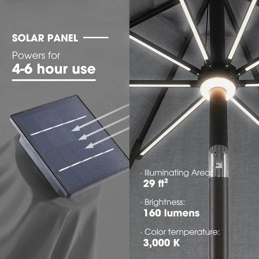 for  Solar Patio Umbrella LED Table Umbrellas with 16 LED Strip Lights & Hub Light, Aluminum Frame, 3 YEARS Fade Resistance