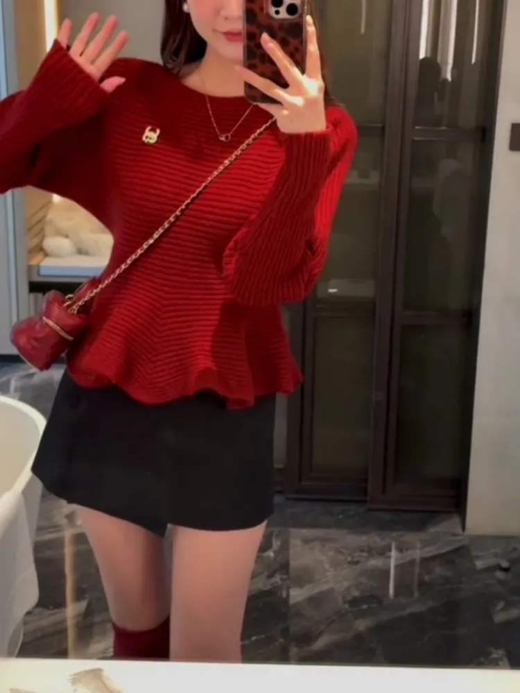 Maglione lavorato a maglia rosso di Capodanno da donna con design ingombrante in vita in pizzo Casual Faion Commute Sle Thi Maglieria calda