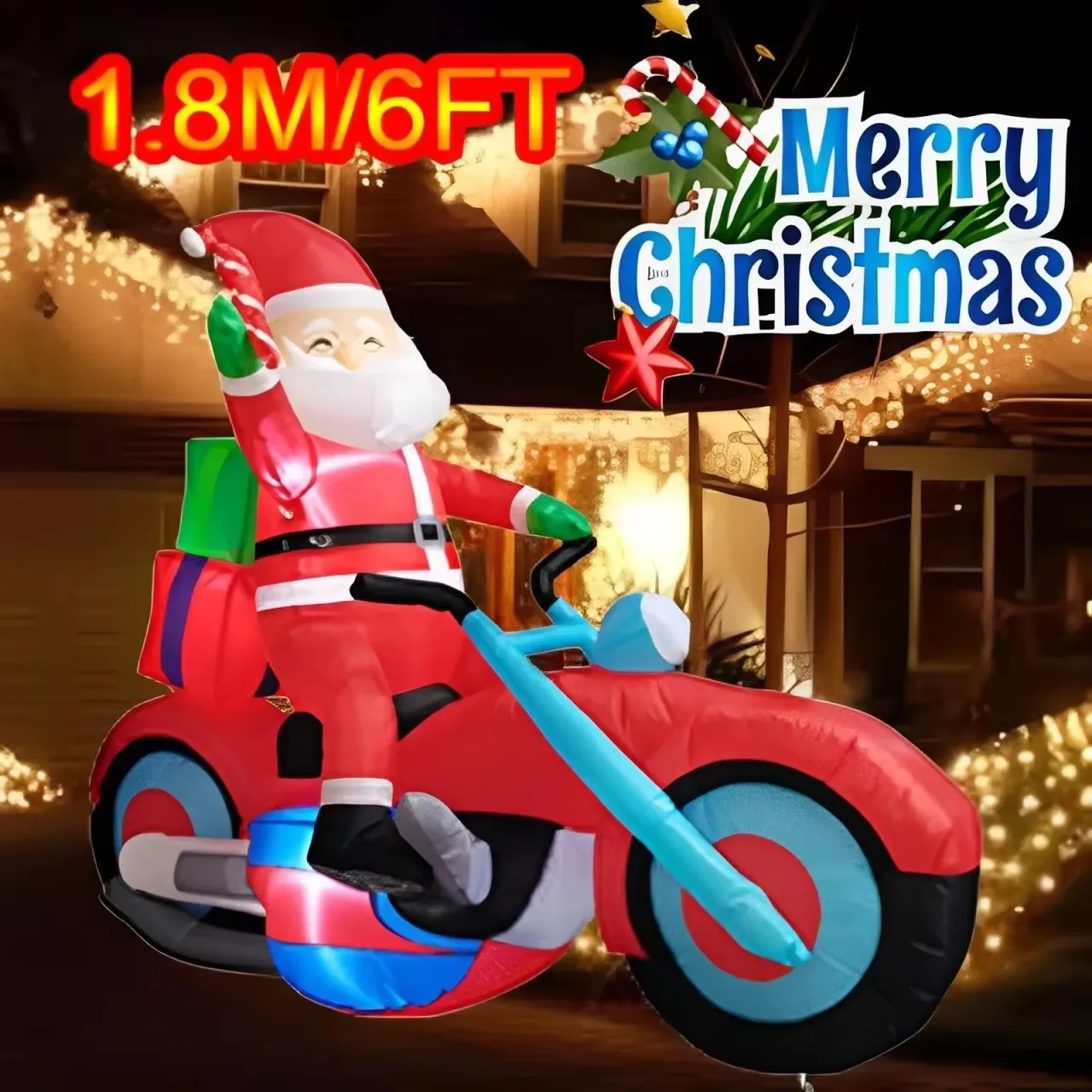 1.8M/6FT Christmas Ornament Inflatable Toys Santa Motorcycle Built-in LED Lights Xmas Party Indoor Outdoor Garden Props Decor