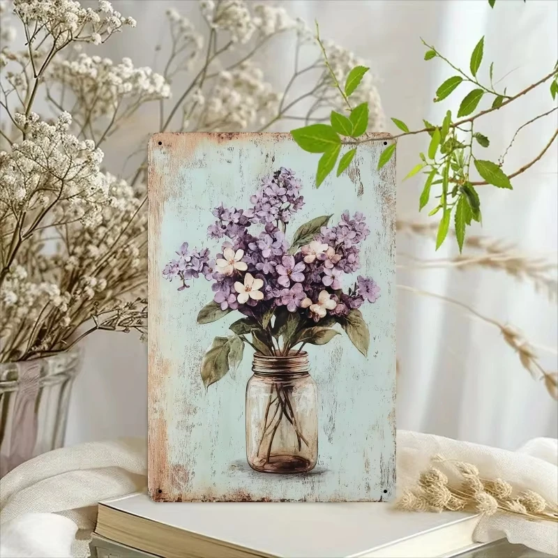 Metal Wall Art Sign - Rustic Violet & Lily Flowers in Wooden Barrel Design, Farmhouse Decor for Bedroom, Dining Room, Country