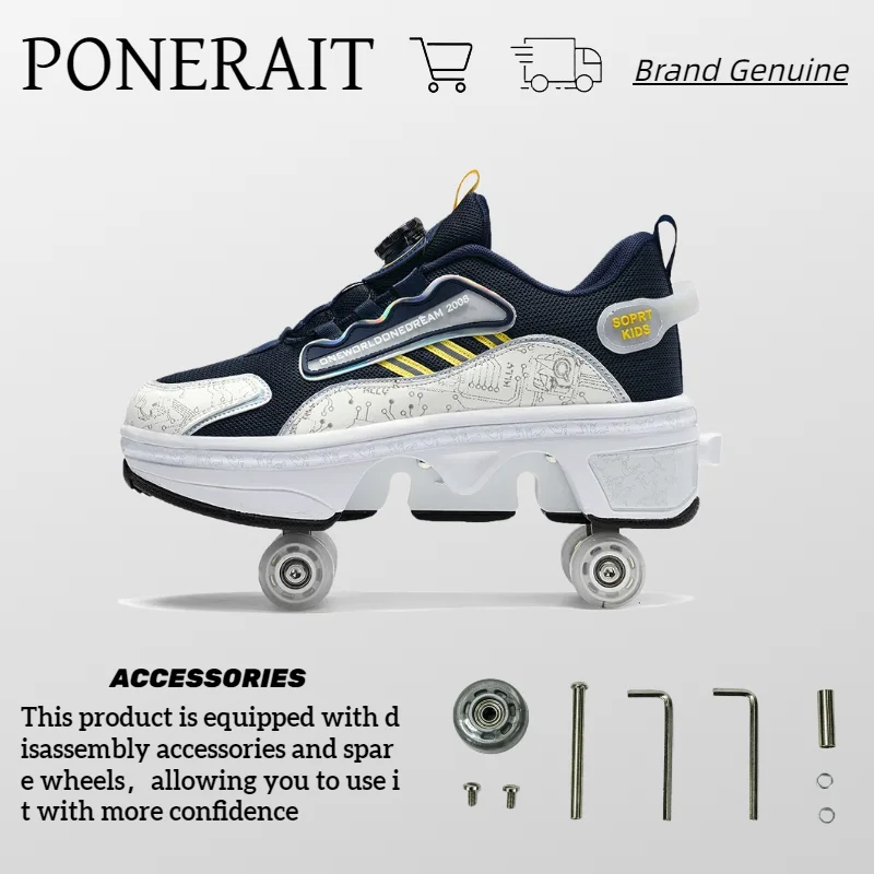 PONERAIT Roller Skate Shoe Retractable One Click Folding Double-Row Deform Dual-Use Sneaker Multi-functional Walk Sport Shoe