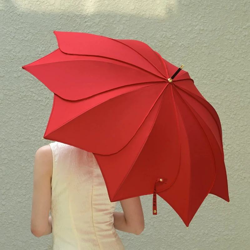 Red Wedding Umbrella Floral Bridal Parasol Chinese Marriage Ceremony Prop Long Lasting Symbol Decorative Flower Rain Shelter