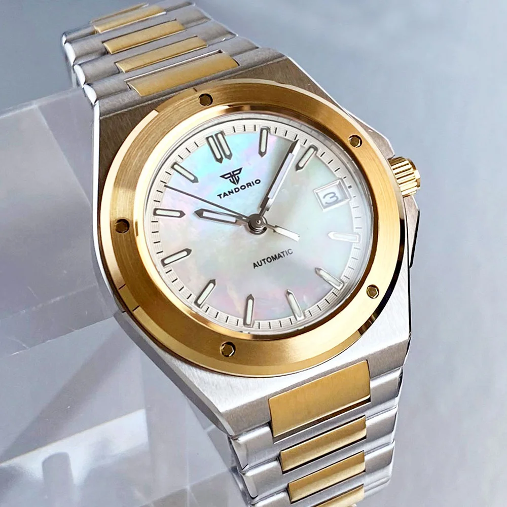 Tandorio MOP Shell Dial 200M Diving 40mm Two Tone Gold Case NH35 Automatic Men Watch Sapphire Business Wristwatch Steel Bracelet