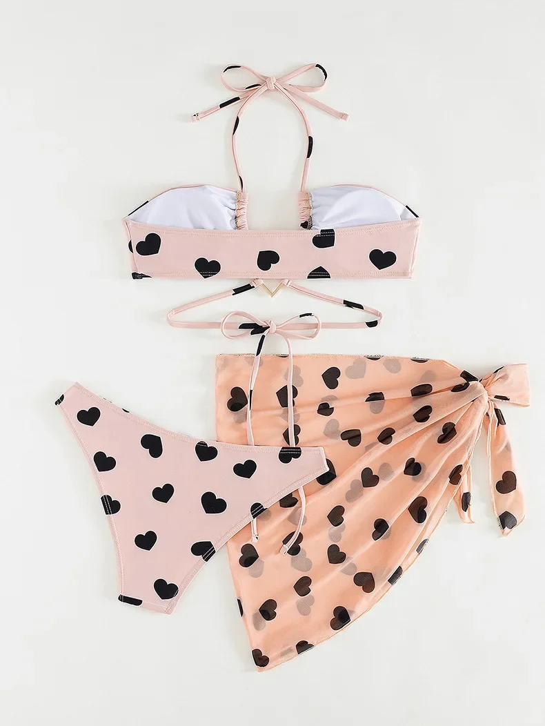 Sexy Herz-Druck-Mesh-Rock, 3-teiliges Bikini-Set für Damen, plissiert, Bandage, Kreuz-Cover-Up-Badeanzug, 2025, Strand-Badeanzug, Bademode