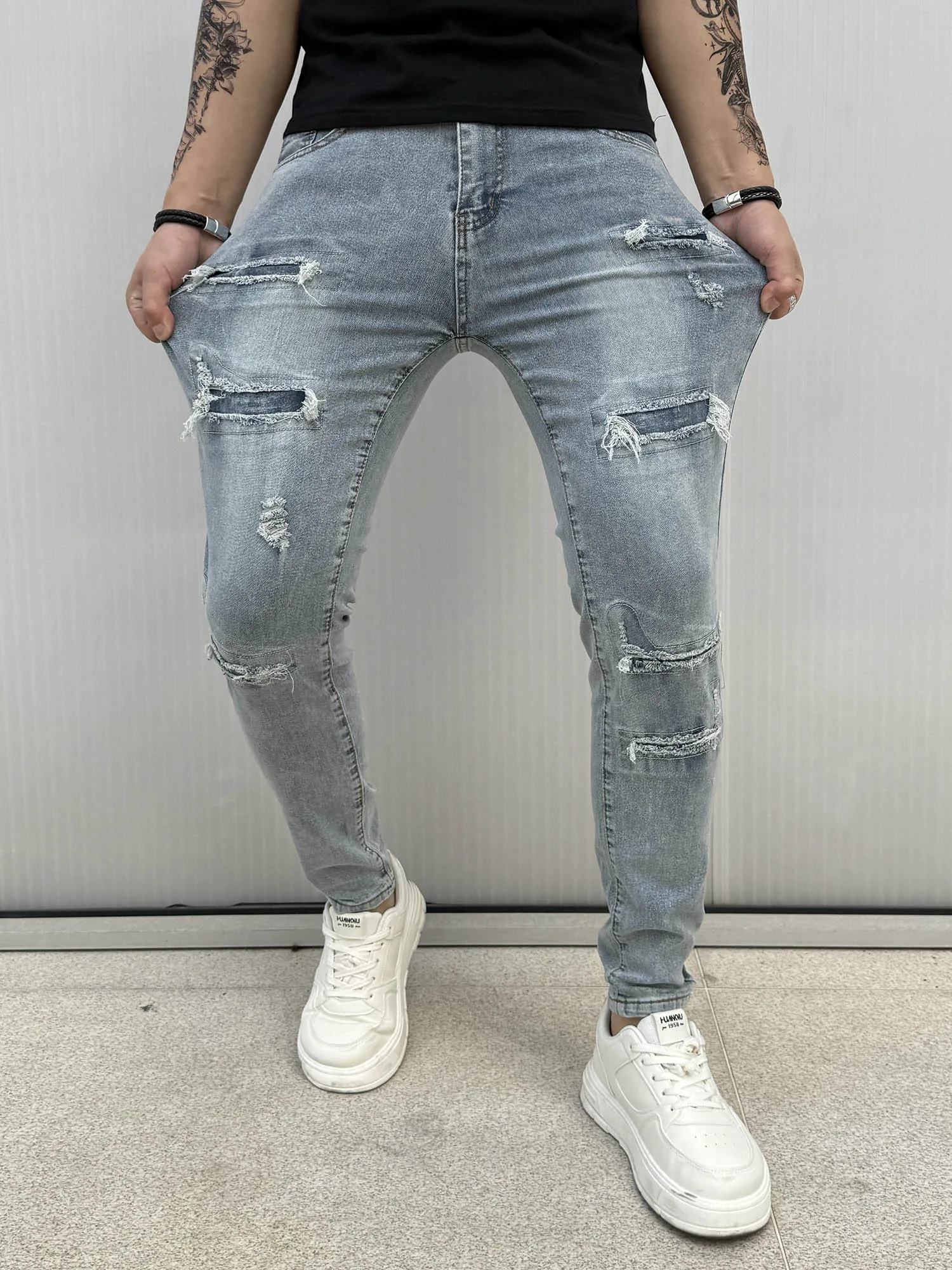 

Men's Personalized Street Fashion Ripped Jeans Straight Slim Solid Color Spring Summer Denim Trousers High-Quality Blue Jeans