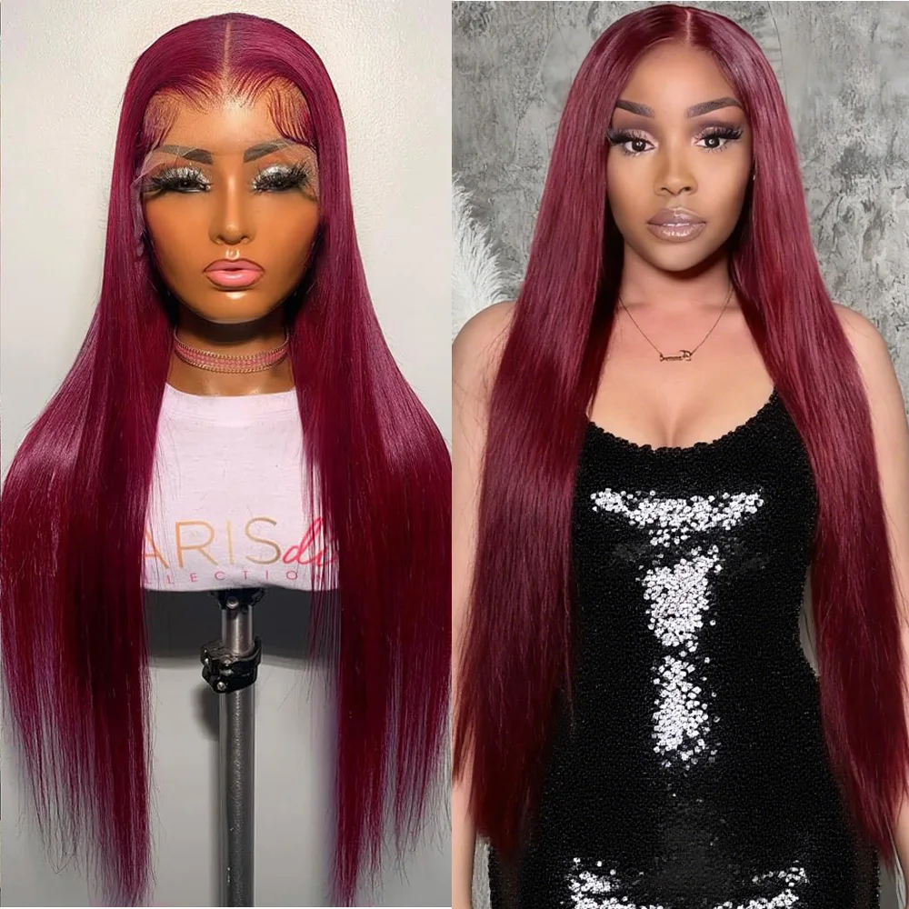 

99J Burgundy 13x4 HD Lace 30 40 Inch Brazilian Front Wigs Human Hair Wig 220% Red Color Straight 13x6 Lace Frontal Wig For Women