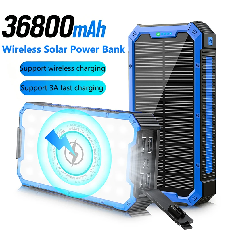 Solar Power Bank 36800mAh Portable Wireless Charger 3A Fast Charging Powerbank for iPhone 17 Samsung S25 Huawei Xiaomi Powerbank