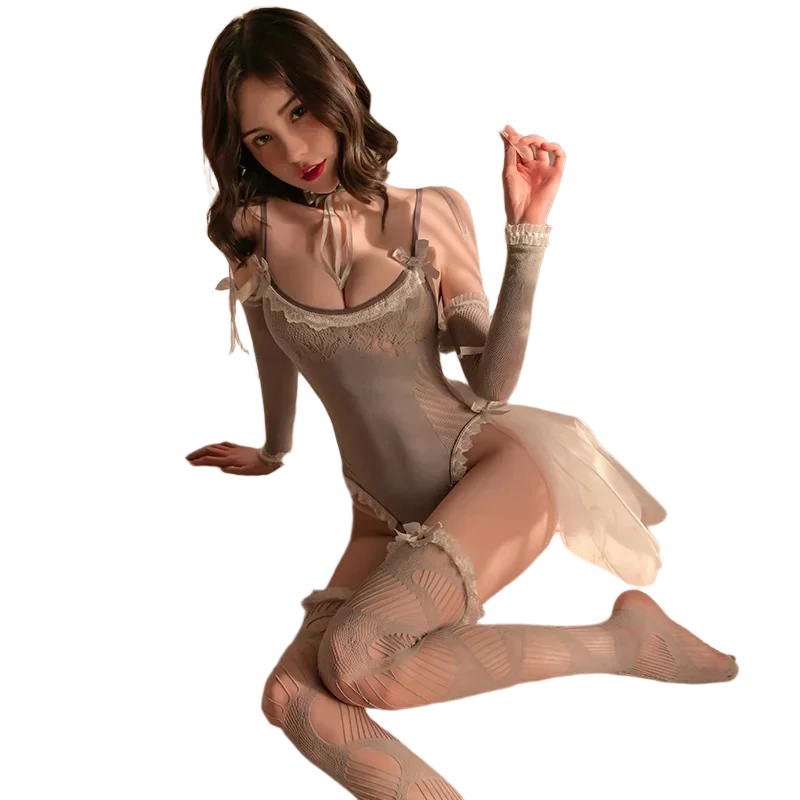 

Кружевной комплект нижнего белья для ролевых игр с вуалью, боди с длинными рукавами и чулками с рисунком, сексуальное ночное белье для женщин