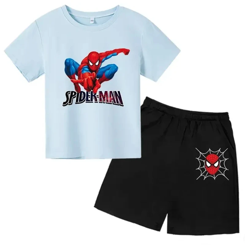 Summer Spider-Man Children Round Neck T-shirts+ Shorts Sets Suitability 2-12 Years Boys Girl Casual Cotton Print Short Sleeve