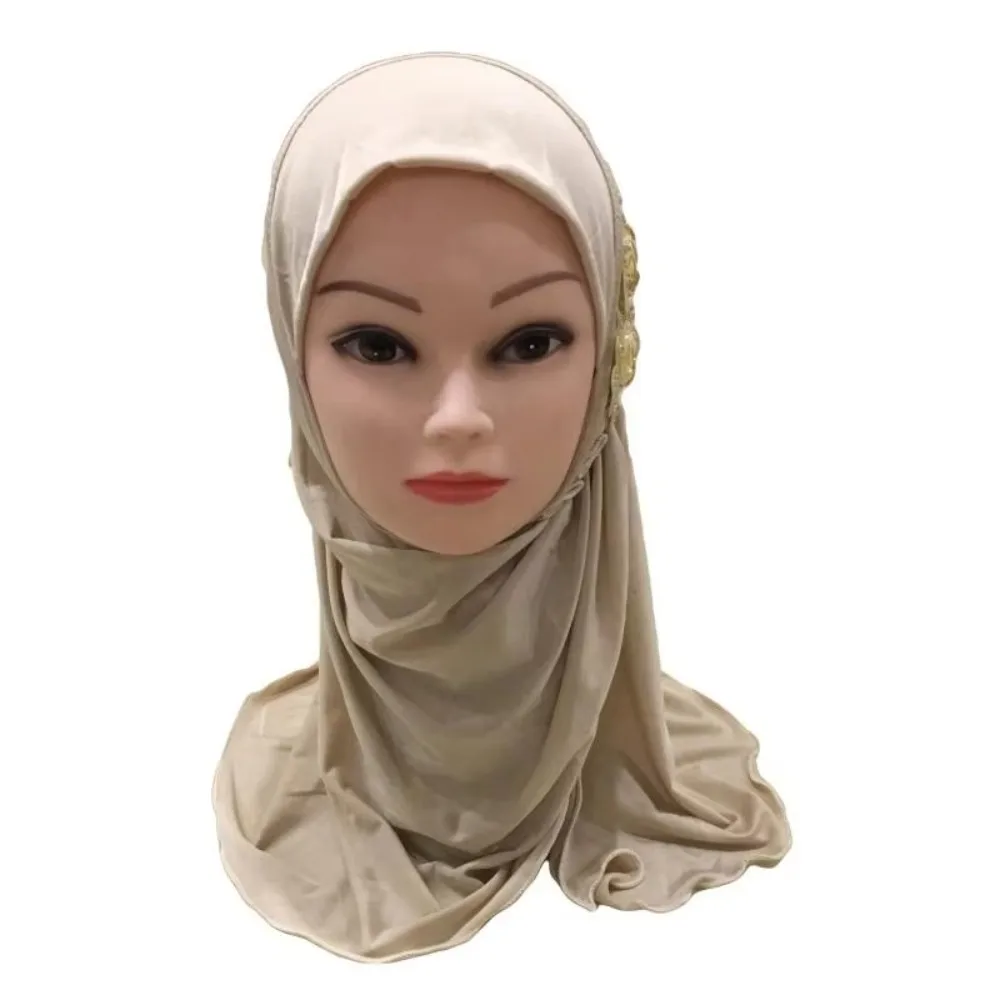 

Solid Flowers Head Children Hijabs 50cm Elastic Girls Muslim Hijab Prayer Hat Head Wrap Turban Islamic Scarf Shawls