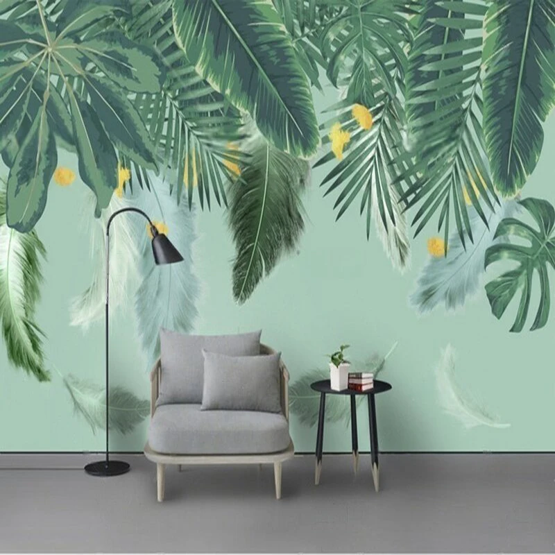 MU8997 Nordic fresh and clean green leaf feather TV sofa bedroom background wall