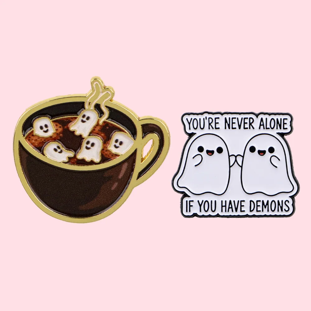 Kawaii Ghost Enamel Lapel Pin Spooky Coffee Cup Ghost & Funny Quote Brooch Gothic Cute Metal Badge Accessory For Backpack Decor