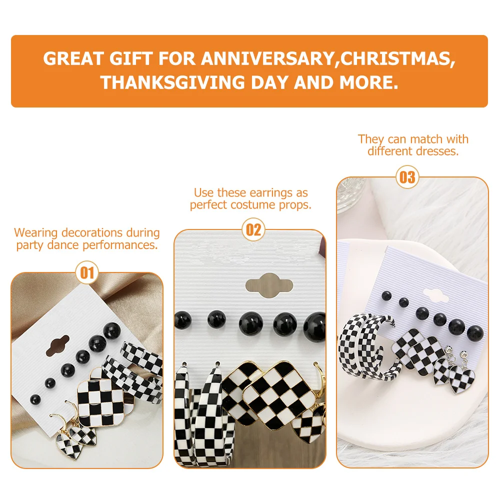 

2pcs Chessboard Pattern Earrings For Women Geometric Striped Checkered Ear Studs Dangle Drop Jewelry Black White