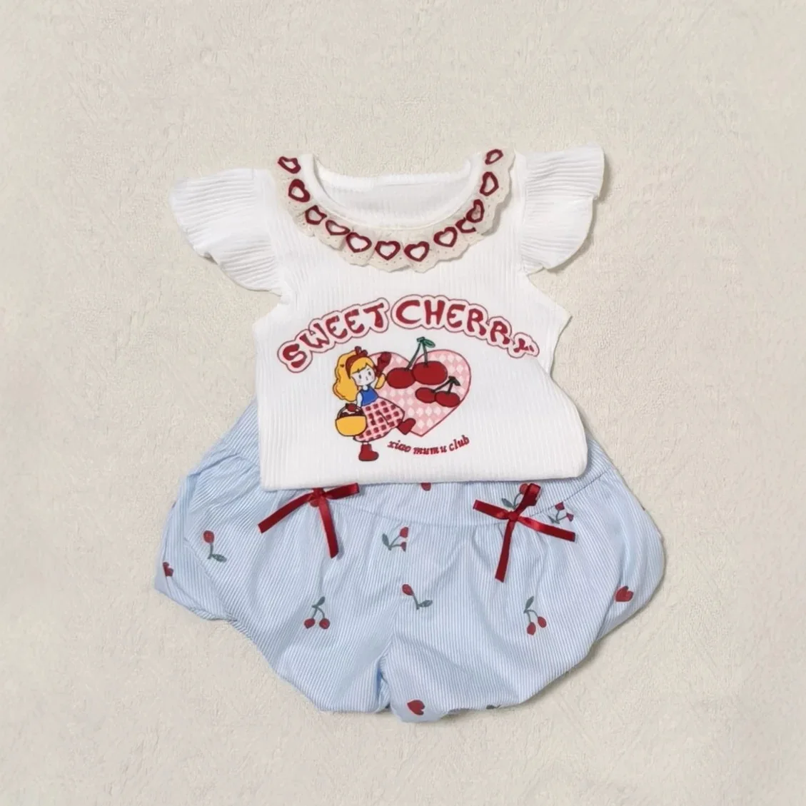 TZ2870 Girls' Stylish Summer Set New Arrival Toddler Baby Sweet Flutter Sleeve Vest T-Shirt and Bloomers Two-Piece Set
