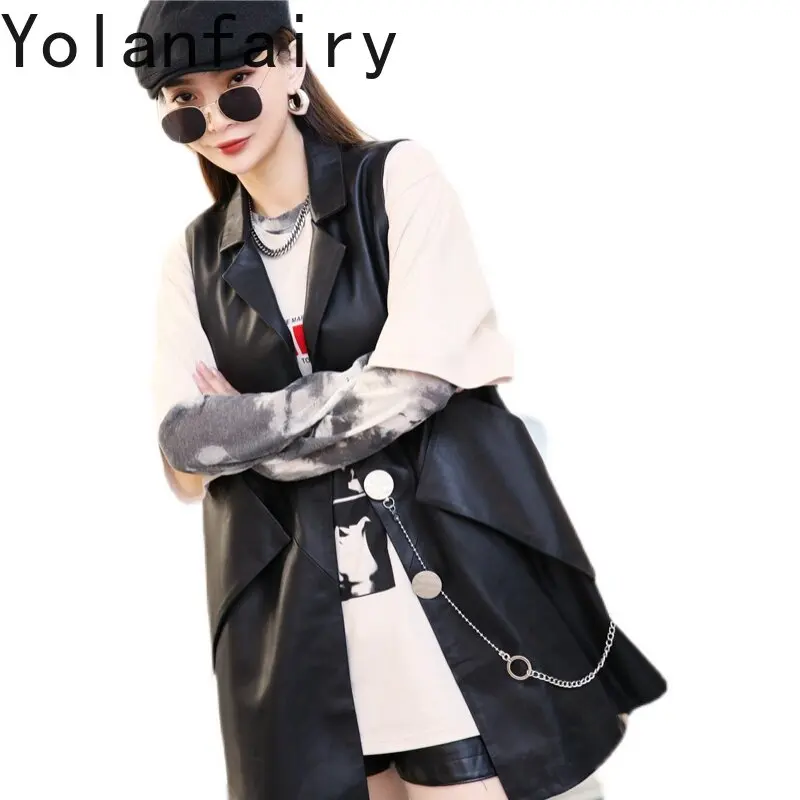 YOLANFAIRY Genuine Sheepskin Vest for Woman Autumn Korean Style Black Sleeveless Versatile Leather Gilet Mid-length Waistcoat