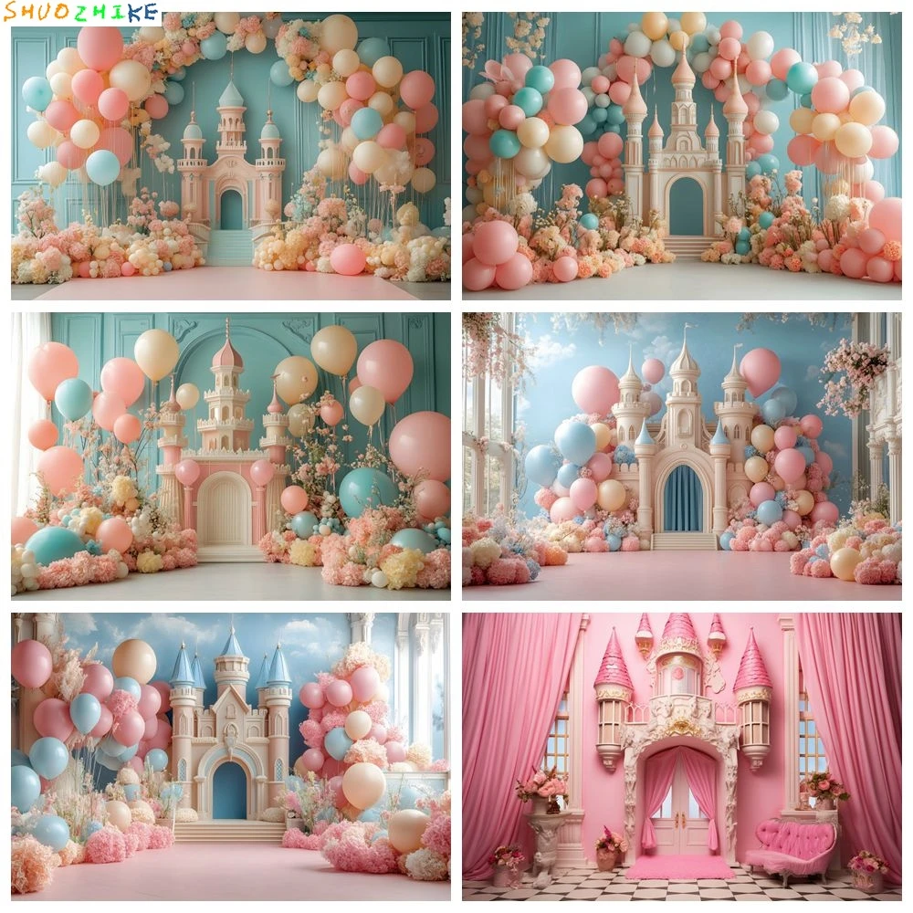 

Girls 1st Birthday Party Photography Backdrop Decor Pink Princess Castle Balloons Flowers Baby Kids Portrait Photo Background