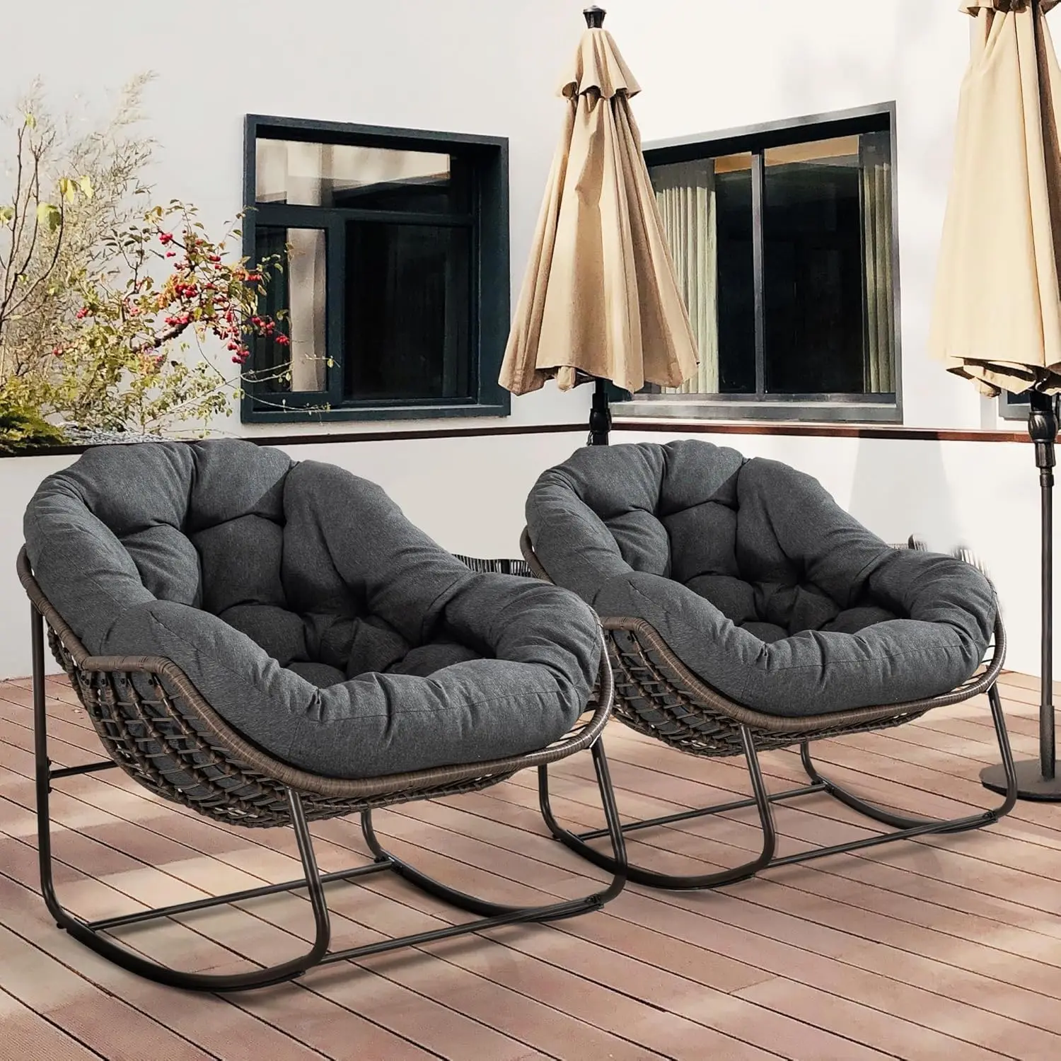 Oversized Papasan Rocking Chair with Padded Cushion - Rocker Egg Chair for Front Porch, Garden, Patio, Backyard Gray