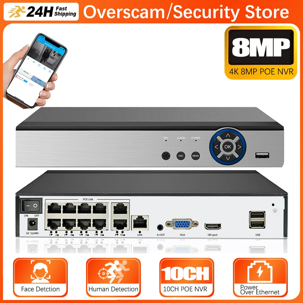 8MP HD 10CH 8CH 4K 8MP POE NVR Network Video Recorder Security Camera System H.265+ Motion Detection Remote Access Xmeye App