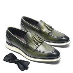 Luxury European Style Men's Casual Sneakers Genuine Leather Green Black Slip-on Wedding Party Flat Tassel Loafer Shoes for Men