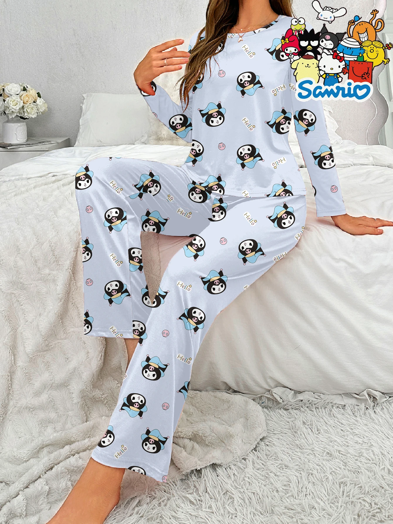 Sanrio calças de manga comprida Kulomi gola redonda desenho animado fofo pijama casual conjunto de roupa de dormir