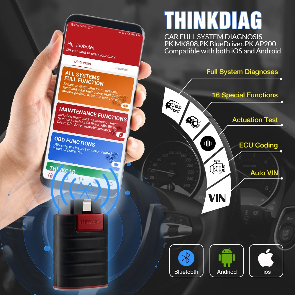 THINKCAR Thinkdiag OB2 Scanner Adapter 16 Reset Functions Diagnostic Tool Full System Online Update ECU Coding Active Test