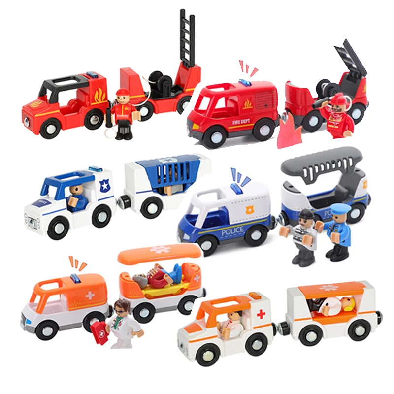 소리와 빛 자기 장난감 자동차 선물 상자 구급차 소방차 구조 레일 자동차 게임 맞는 나무 트랙 어린이 기차 장난감 선물 W06