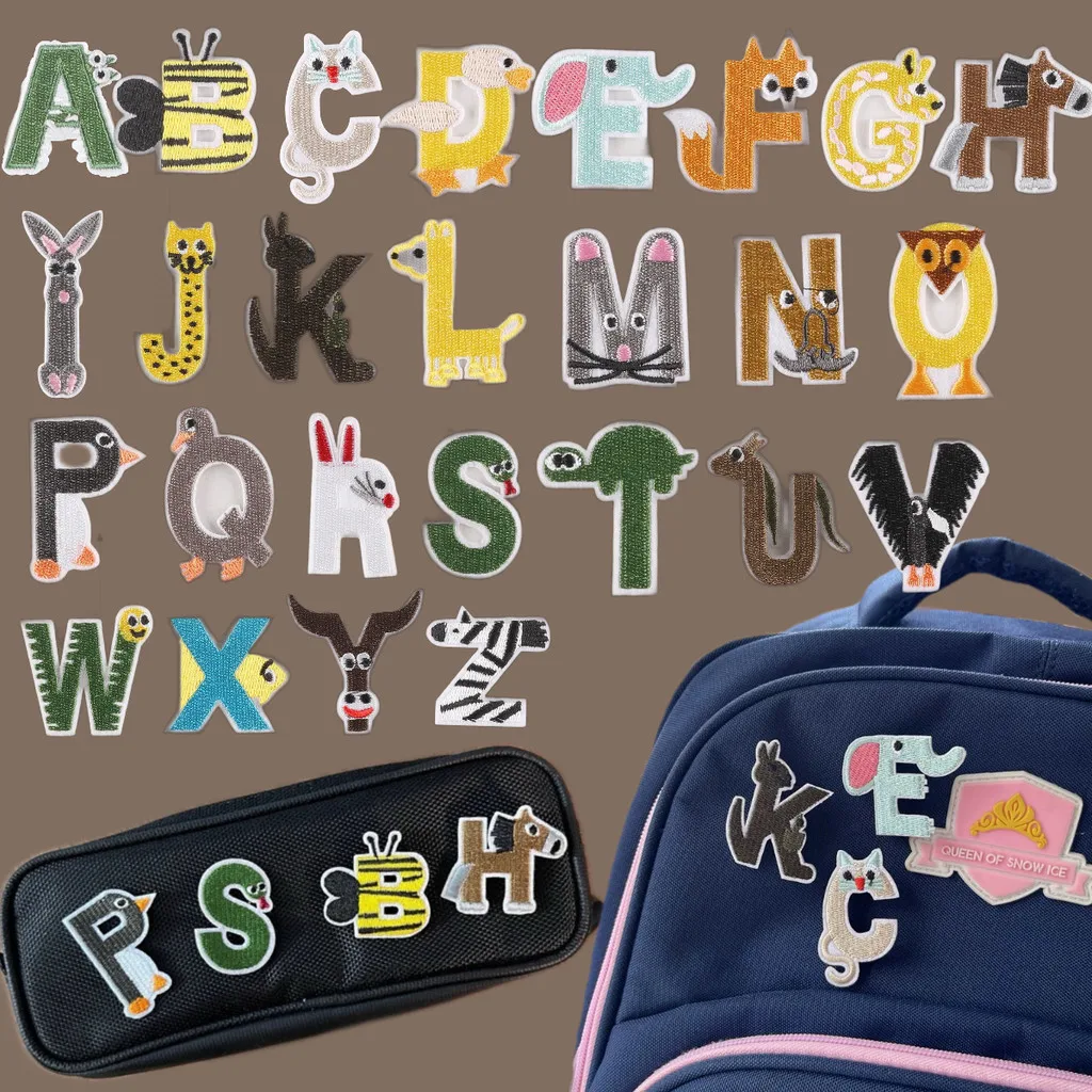 10Pcs Iron on Letters and Numbers Patches Cute Animal Alphabet Embroidered Patch A-Z  Applique for Clothes Dress Hat Socks