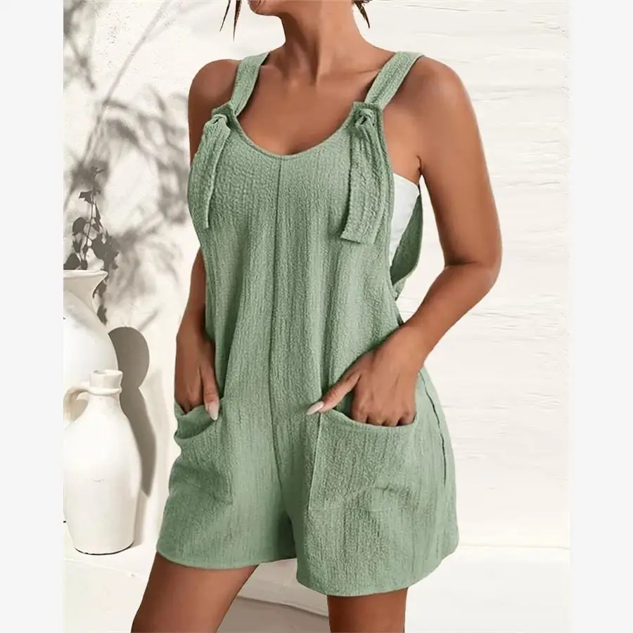 

Casual Wide Strap Romper Women's Onesie Pocket Design Short Length Leisure Overall Pants Cleanfit Style PVC Material Cotton