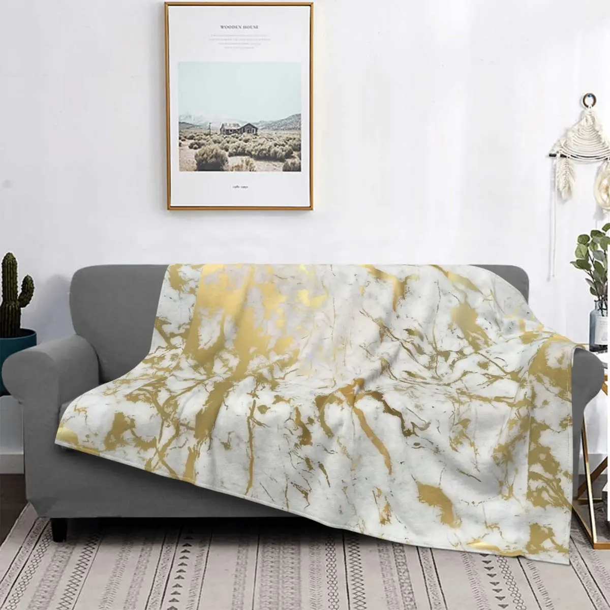 Gold Marble Blanket Coral Fleece Plush Modern Geometric Graphic Portable Ultra-Soft Throw Blanket for Bed Couch Plush Thin Quilt