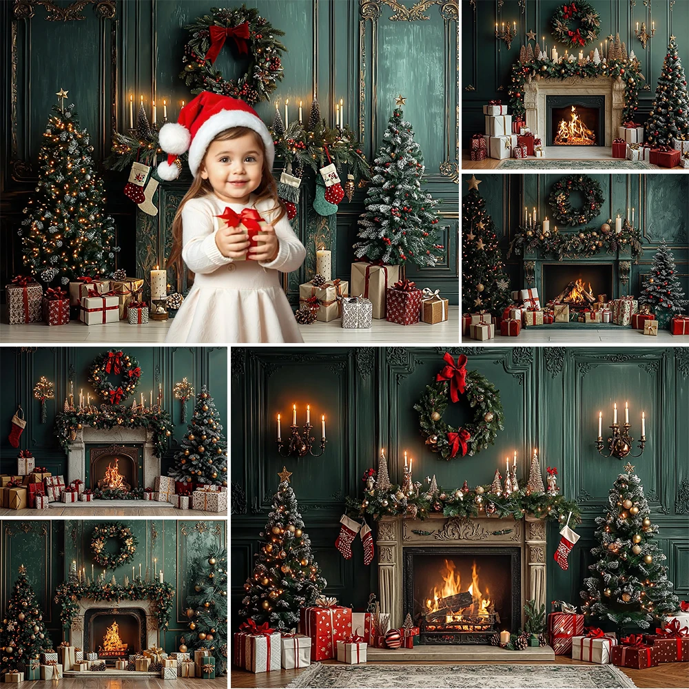 Christmas Photography Background Xmas Tree Garland Fireplace Decoration Supplies Women Kdis Holiday Photo Portrait Backdrops