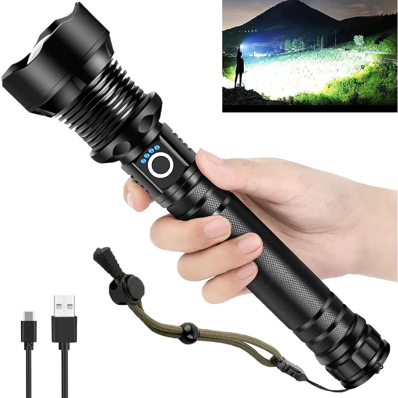 

Rechargeable LED Flashlight, High Lumens XHP90.2 Super Bright Tactical Flashlights with Zoomable 10 Modes Waterproof Flash Light