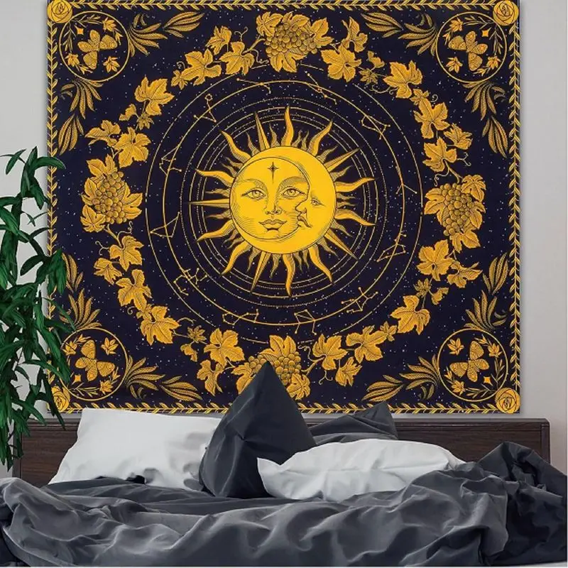 VIKAMA Sun and Moon Tapestry Celestial Mystical Witchy Golden Star Constellation Wall Hanging Decor for Bedroom Aesthetic Room