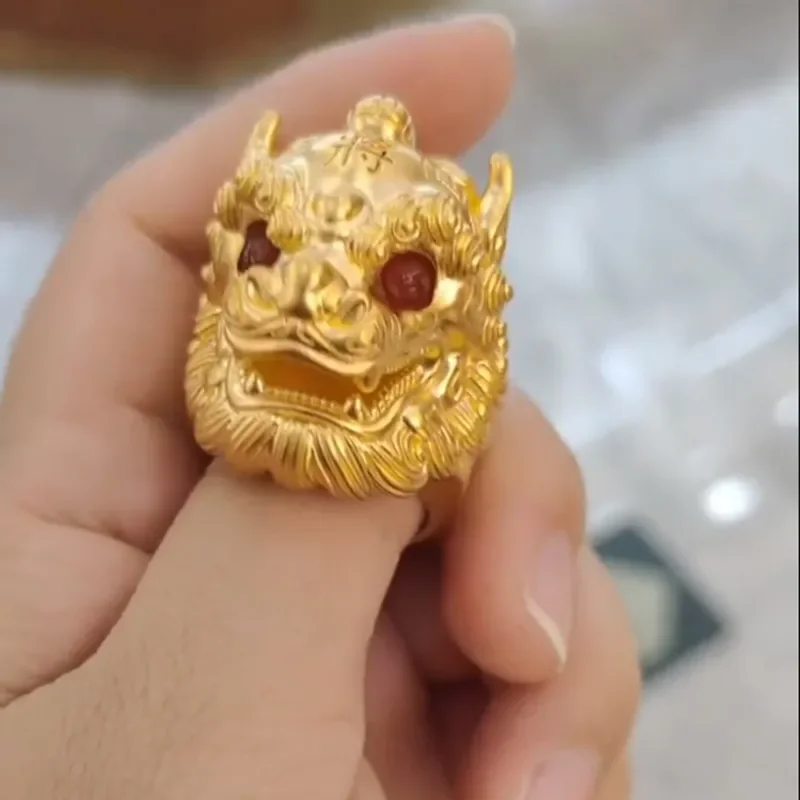 

Ethnic Style Gold Color Fine Carving Imitation Ruby Eyes Lion Dance Ring Men's Eye Catching Cool and Handsome Jewelry Ring