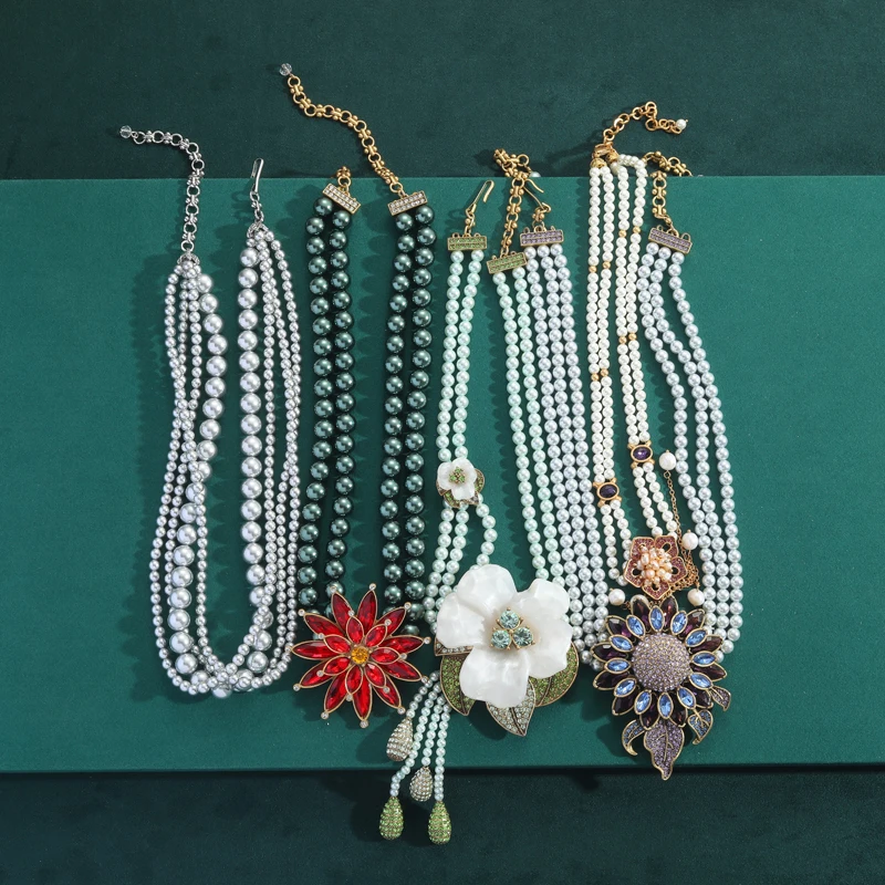 

Vintage Large Red Flower Pendant Beaded Necklace Green Pearl Layered Chain Gold Color For Woman Luxury High Quality Jewelry 2026