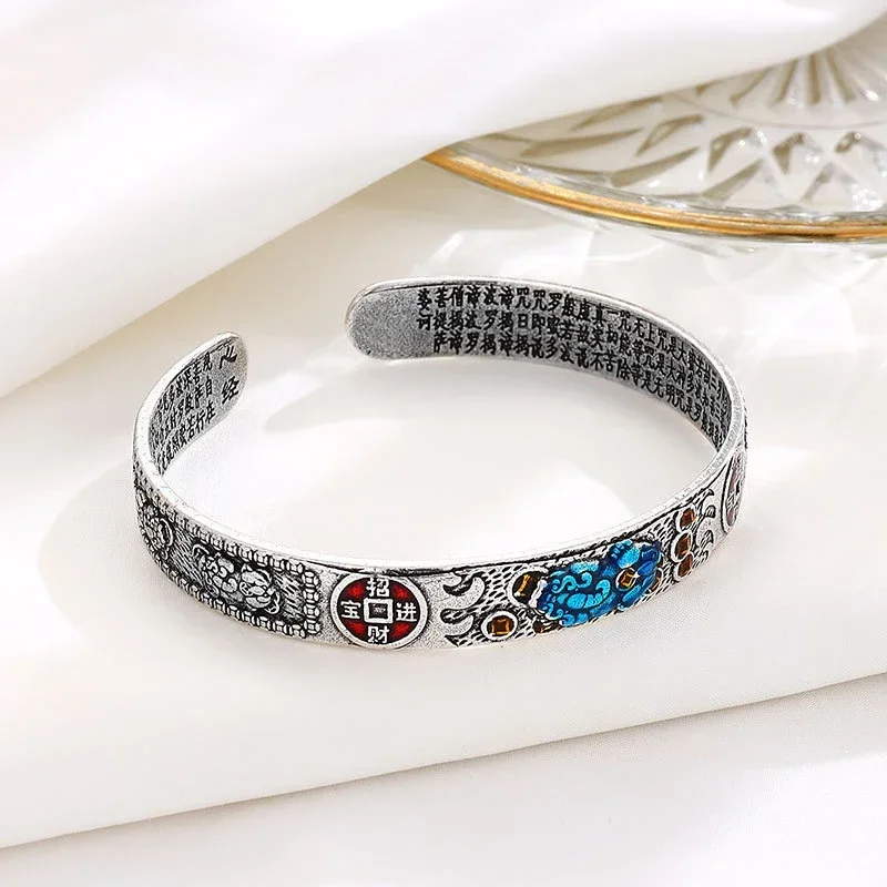 925 Thai Silver Classic Colorful Enamel Pixiu Men Bracelet Simple Charms Chinese Style Vintage Bangles for Women Banquet Jewelry