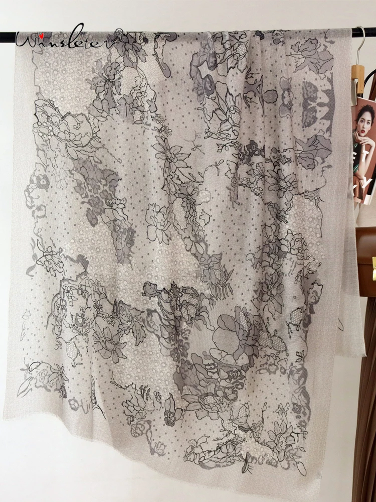 

Winsleter-Women 100%Wool Elegant Long Scarf, 200*100CM Lace Print, Mom Gift Retro Commute Shawl Scarves, 2025 Autumn A5O635CC