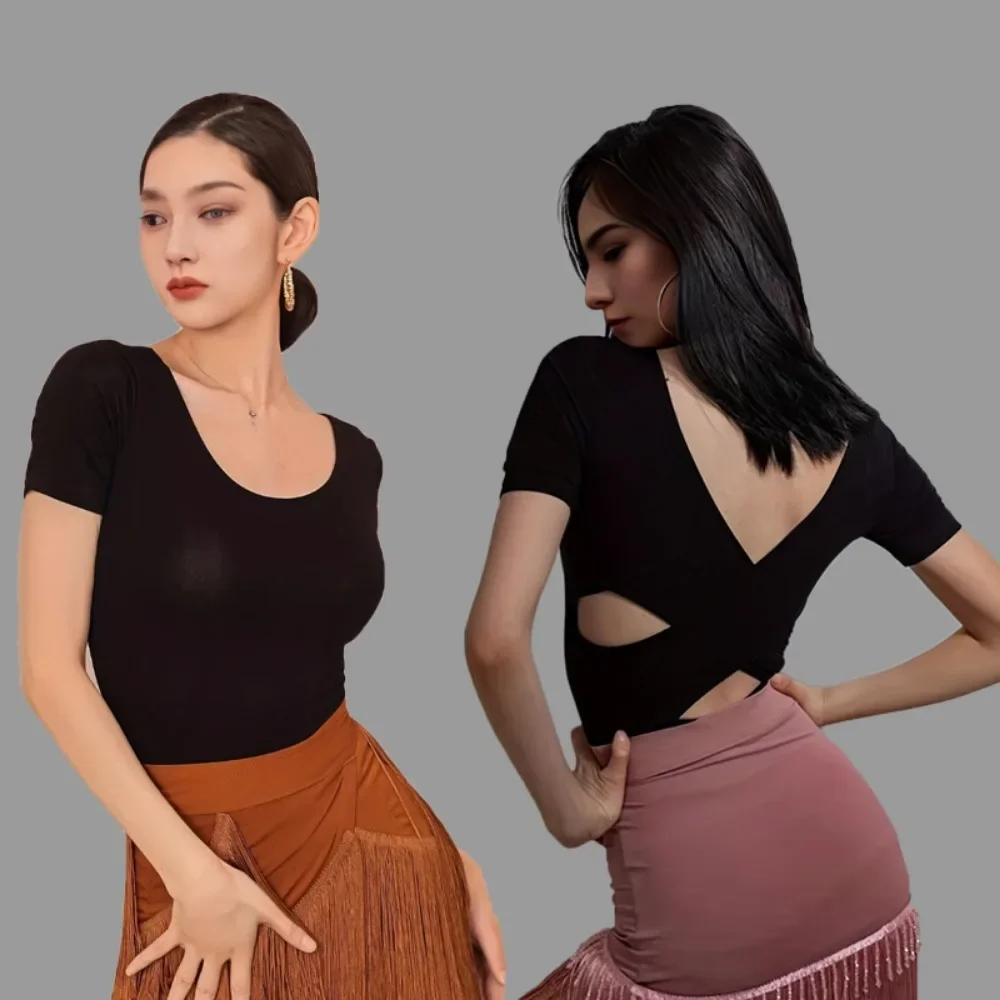 ملابس ممارسة الرقص اللاتيني ملابس علوية للسيدات للرقص المربع للبالغين للربيع والصيف بأكمام قصيرة تي شيرت قاعة الرقص قميص الفالس