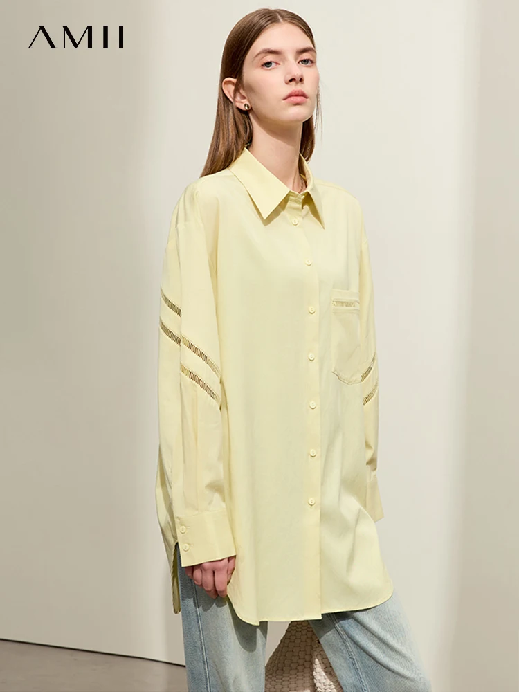 AMII Minimalism Women Shirts & Blouses 2024 Spring New Lapel Collar Hollow Ribbon Spliced Office Lady Loose Long Shirt 12441034