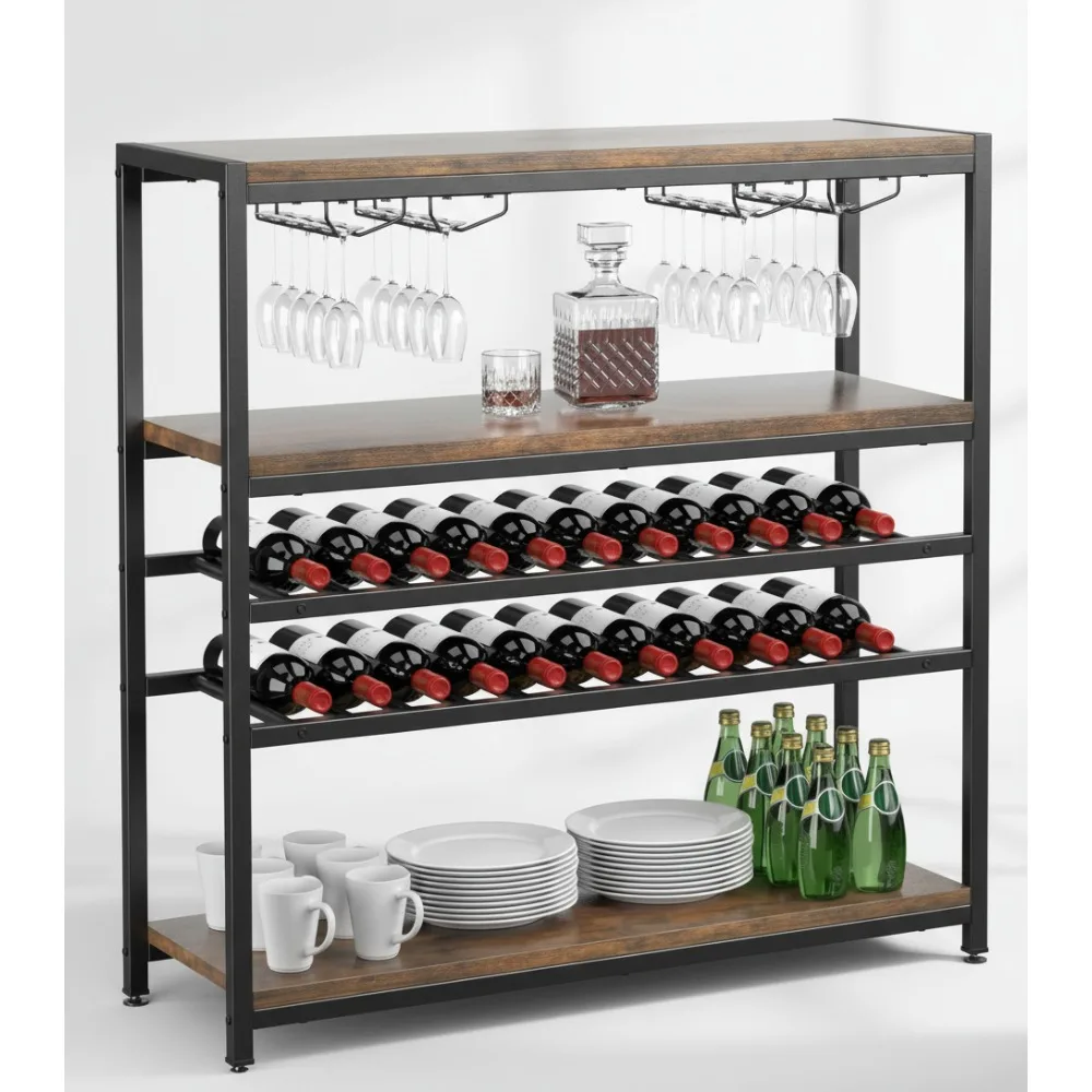 

Промышленный 5-уровневый стол для винной стойки, деревянный шкаф на 22 бутылки со стеклянным держателем, коричневое хранилище в деревенском стиле для домашнего бара